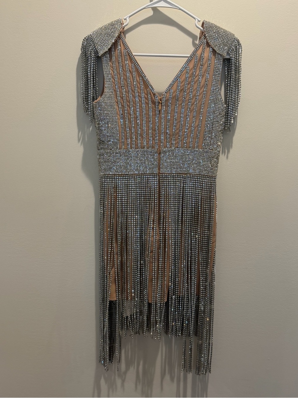 Silver Beaded Fringe Mini Dress with V-Neck - Picture 4 of 4
